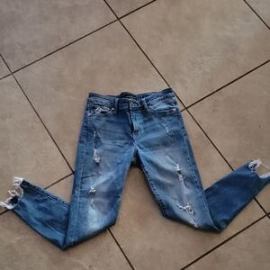 Lucky Brand Blue DENIM Distressed Women's  Jeans fly/button10" Sz 4 Hip16" 34"lg